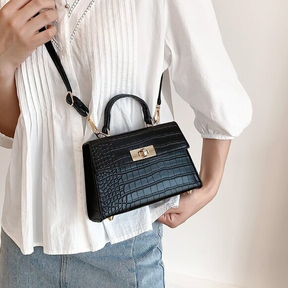 Black Elegant Women's Lightweight Twist Lock Flap Square Bag - Picture 10 of 10